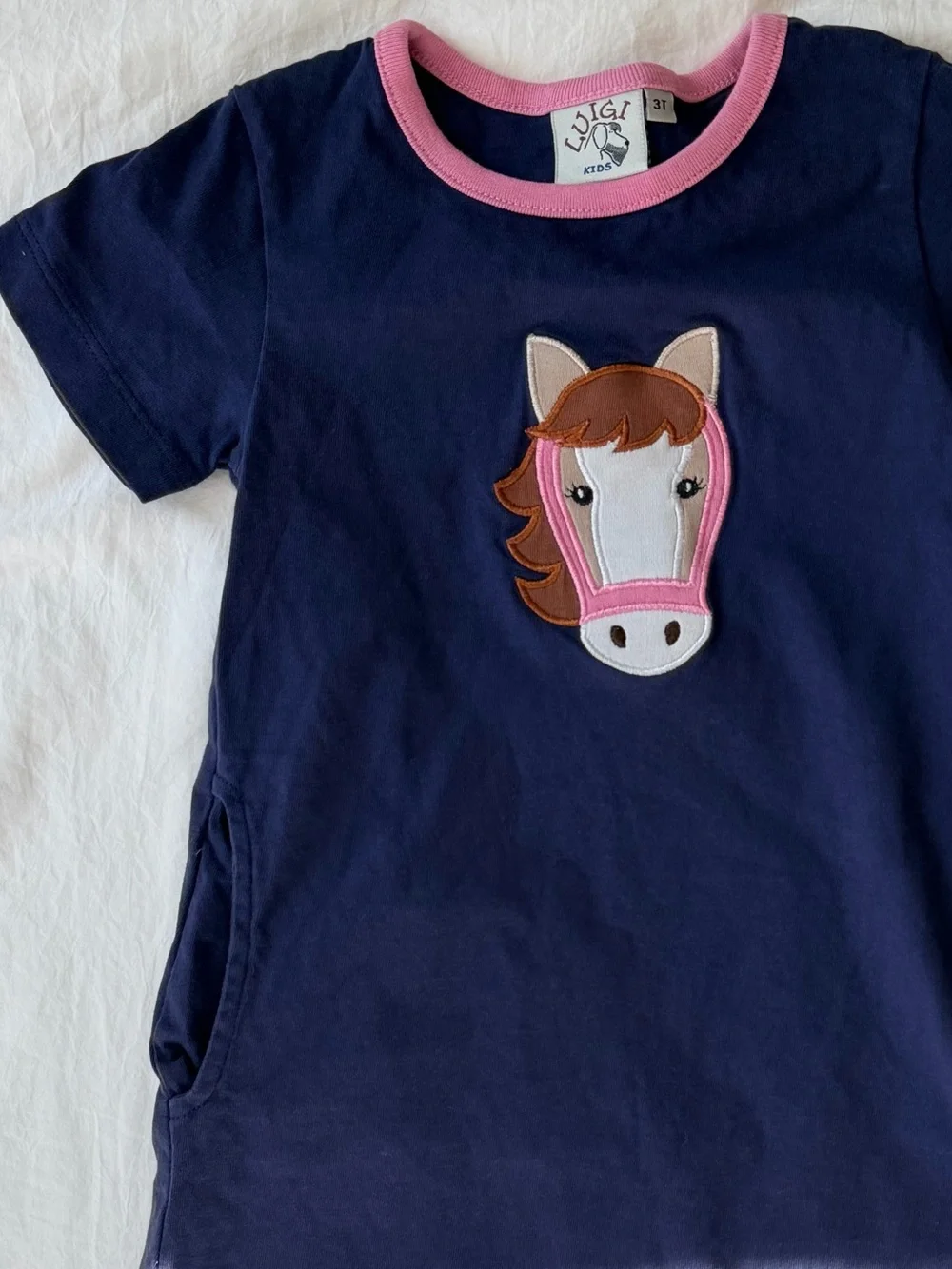 Luigi Kids 3T Navy Horse Appliqué T-Shirt Dress Pink Trim Pockets